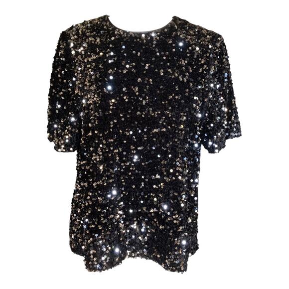 Alex Marie NWT Lia Sequined Crew Neck Short Sleeve StretchVelvet Black Blouse MD - Picture 2 of 16